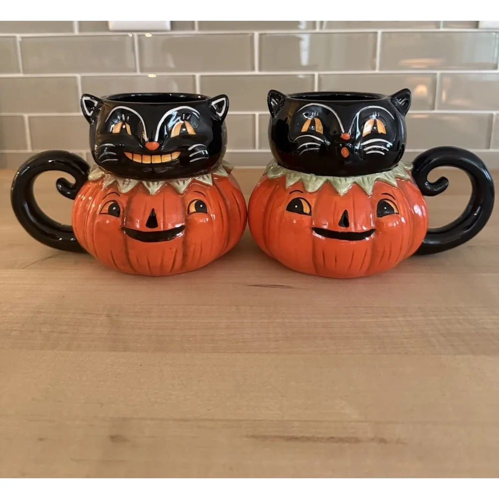 Johanna Parker Halloween Black Cats on Pumpkins Mug Set NEW 2026
